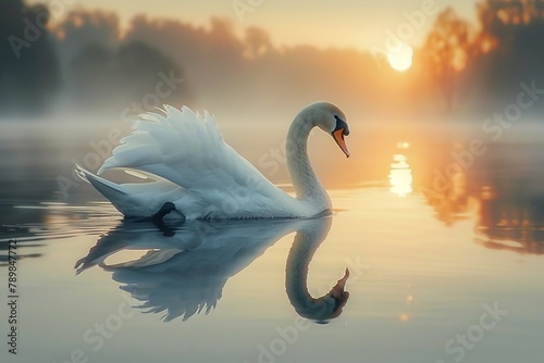 A graceful swan gliding on a mirrorlike lake at sunrise, the calm water reflecting its elegance