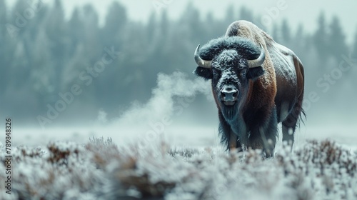 A majestic bison standing in a snowcovered field, steam visible from its breath in the cold air, symbolizing resilience