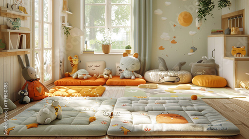 Soft, plush animal rugs scattered across the floor, inviting playtime adventures.