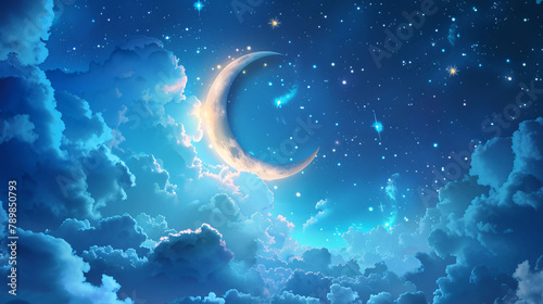 World Sleep Day moon and stars background, cure autism fairy tale starry sky scene illustration