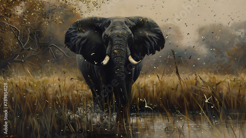 Oil painting wallpaper of elephants the symbol of power and power of greatness