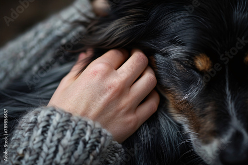 Close up of woman's hand patting sleeping dog