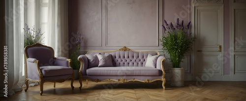 French Flourish: Elegant Living Room with Vintage Flair and Lavender Plant in Realistic Interior Design with Nature - Stock Photo Concept