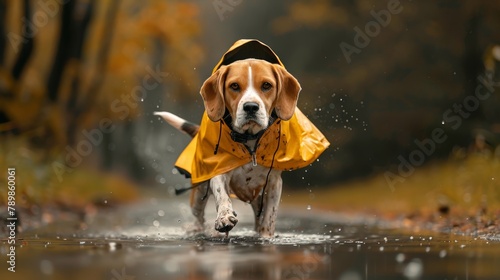 A mischievous Beagle, raincoat askew and covered in mud, gleefully splashes in puddles after a playful romp in the rain