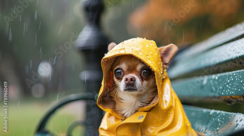 A tiny Chihuahua, bundled up in a miniature raincoat with a hood, shivers adorably under a park bench during a sudden rain shower
