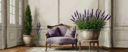 Realistic Watercolor French Living Room Interior Design with Vintage Flair and Lavender Plant