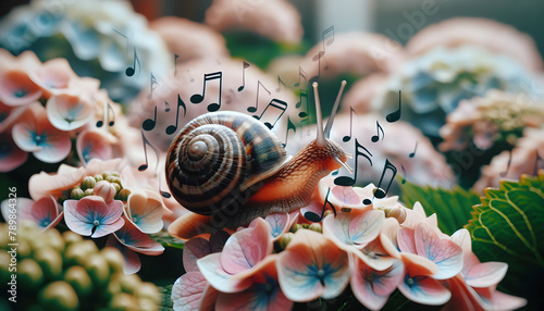 Mollusk Melody: A Snail's Slow Pace on a Bed of Hydrangeas, Garden Rhythm in Close-Up Double Exposure