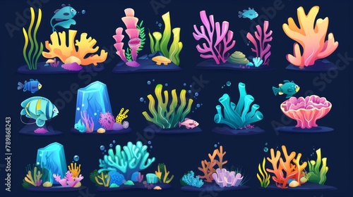 Underwater seaweed, coral reef, and fish cartoon illustration set. Various brightly colored marine or aquarium plants and animals. Sea and ocean tropical life - aquatic habitats.