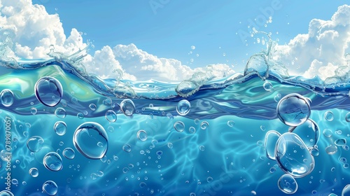 Modern illustration of a beach, ocean, river, lake, air bubbles underneath the waterline, transparent clear waves and a sunny day cloudscape.