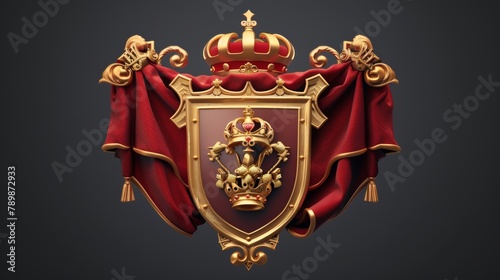 The coat of arms of a medieval gold king emperor with a golden crown, shield and red folded cloth. Superb 3D modern illustration of a heraldic royal emblem.