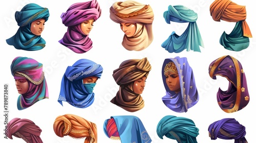 Headwear collection for men and women, oriental and Indian wrap hats, cartoon modern illustration, clipart, arabic scarf for women, and pagdi for men.