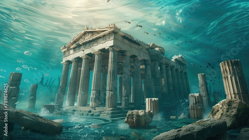 An ancient Greek temple is seen in a state of disrepair, half-submerged in the ocean.