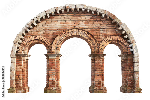 ancient roman aqueduct, brick wall, a grand entryway, isolated on a transparent background.