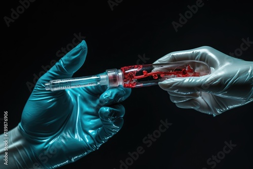 A female hand in a medical glove gripping a syringe filled with blood. Generative AI