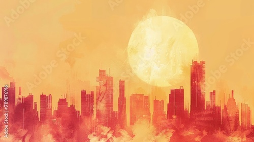 A city suffocating under heatwave, the skyline blurred in the shimmer of rising temperatures, in a style of watercolor