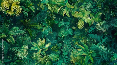 A dense, thriving rainforest canopy viewed from above, a heartbeat of biodiversity in rich, layered greens, in a style of watercolor