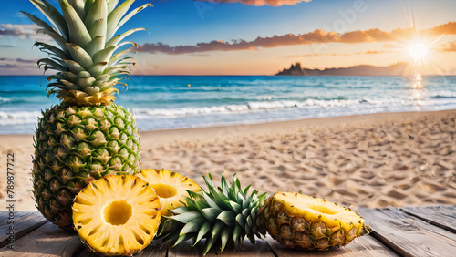 Fresh Tropical Pineapple on Wooden Table with Beach Background