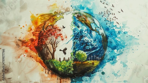 A globe, half flourishing, half suffering, the dichotomy of action versus inaction, in a style of watercolor