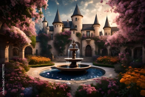 a fairytale castle courtyard, with a fountain surrounded by blooming flowers under the stars.