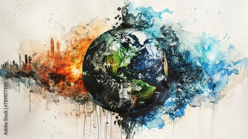 A globe, half flourishing, half suffering, the dichotomy of action versus inaction, in a style of watercolor