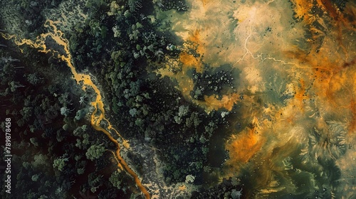 A satellite shot of deforestation, the Amazons lungs turning to scars, a view from above in alarming detail, in a style of watercolor
