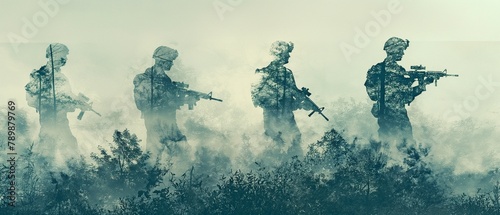 army troops on patrol with guns during a conflict; double exposure photo of veterans during a conflict