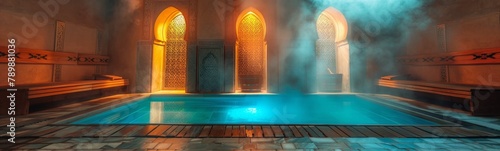 Pool in a building with a fountain in it. Hammam background. Banner