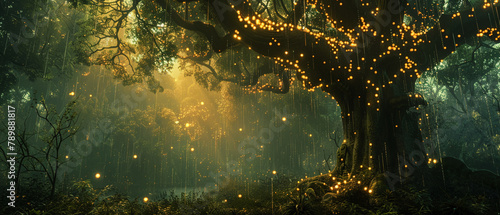 Forest, ancient trees, mystical aura, a lush and vibrant haven of life, rain pouring gently, 3D render, silhouette lighting, bokeh effect