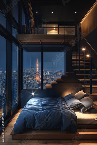 a bed sits next to a staircase in a very small and cozy bedroom with a view of a Tokyo city at night