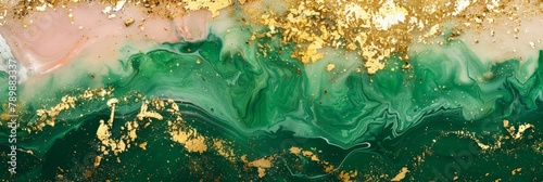 Epoxy resin texture with green, gold and pink background. Banner Abstract marble waves coloured with crushed gold. Executed in the style of liquid art.