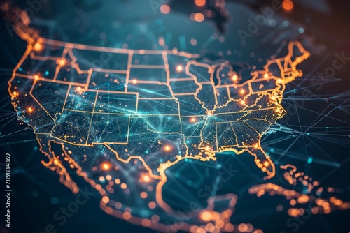 Digital Map of USA with Network Connection created with generative AI