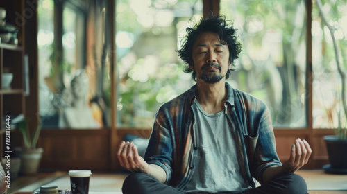 Serene scene of a Japanese male meditating in a lotus position at a tranquil yoga studio, with UCC Black coffee by his side, styled in a soft, inviting light.