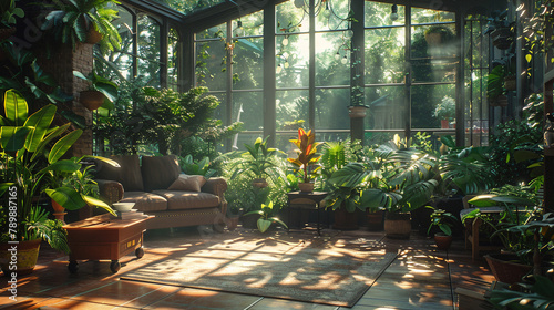 A sun-drenched conservatory filled with lush greenery, a tranquil spot for morning coffee.