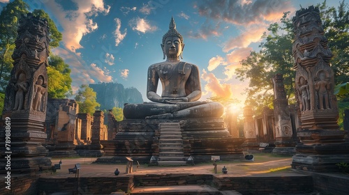 A Buddha statue in a tranquil temple ruins during a captivating sunset.