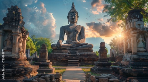 A Buddha statue in a tranquil temple ruins during a captivating sunset.