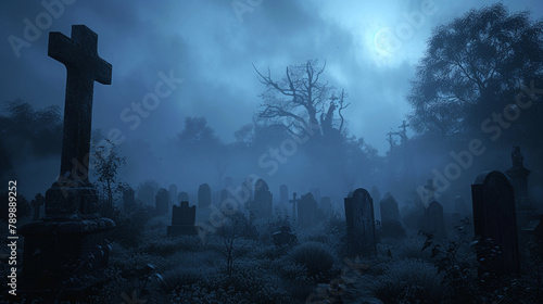  A fog-shrouded cemetery illuminated by moonlight, with gravestones standing like silent sentinels and a sense of dread hanging heavy in the air, hinting at the restless spirits that roam the grounds