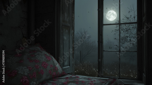 A hauntingly beautiful scene of a deserted house at night, shrouded in darkness with only the pale glow of the moon illuminating a gray and red floral bedspread visible through a window, evoking a sen