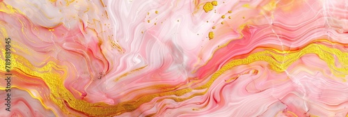 Epoxy resin texture with yellow, gold and pink background. Banner Abstract marble waves coloured with crushed gold. Executed in the style of liquid art