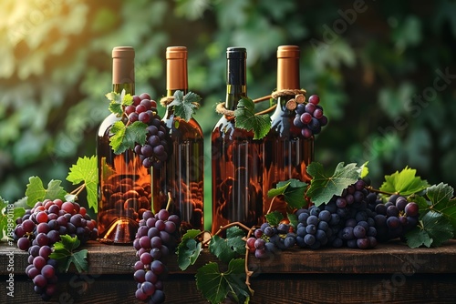 Vines with clusters of black grapes and wine bottles on the theme of winemaking and viticulture