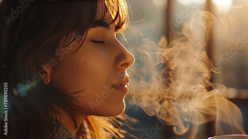 Close up, woman inhaling the aroma of hot black coffee in the morning 