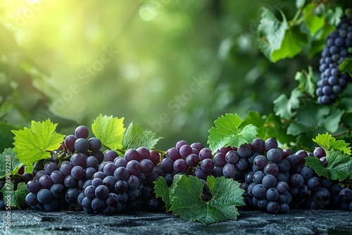 Vines with clusters of black grapes on the theme of winemaking and viticulture