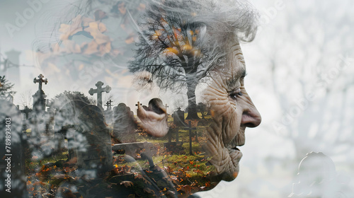 Old person thinking about death concept image with a portrait of a mature grandmother woman and view of a cemetery where she will go when she will die