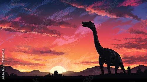 Diplodocus silhouette at dawn, stretching its neck towards the sky, with vibrant colors painting the horizon