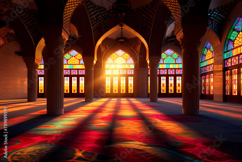 A vibrant and colorful carpet is spread across the floor of an ancient mosque