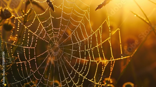 Macro shot of morning dew on spider web, natures intricate patterns