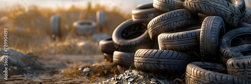 Industrial dump for the processing of used tires and rubber tires. Pile of old tires and wheels for rubber recycling. Tire dump. Recycling of used tires. Produced reclaimed tire rubber.