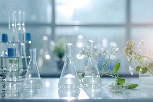 "EcoLab: Instruments with a Natural Touch".Laboratory glassware and tools arranged in an eco-conscious setting, showcasing the intersection of science and sustainability.