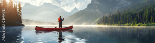 Man with canoe on the lake and Mountains on back - Ai Generated