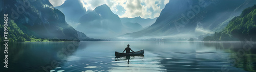 Man with canoe on the lake and Mountains on back - Ai Generated