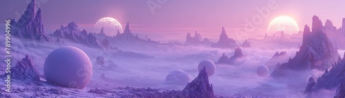 Surreal alien landscape with purple hues and spherical objects